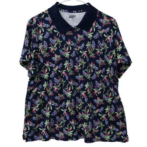 Lands End Tops - Lands' End Women's Navy Blue Tropical Floral Short Sleeve Polo Shirt 1X 16W-18W